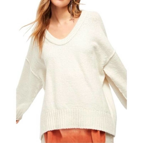 Free People Brookside Tunic Sweater Ivory V Neck - Picture 1 of 10